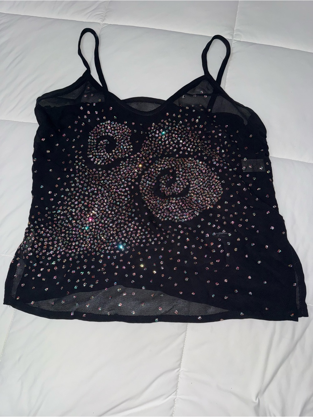 Y2K Black Mesh Rhinestone Cami Tank Top - Women